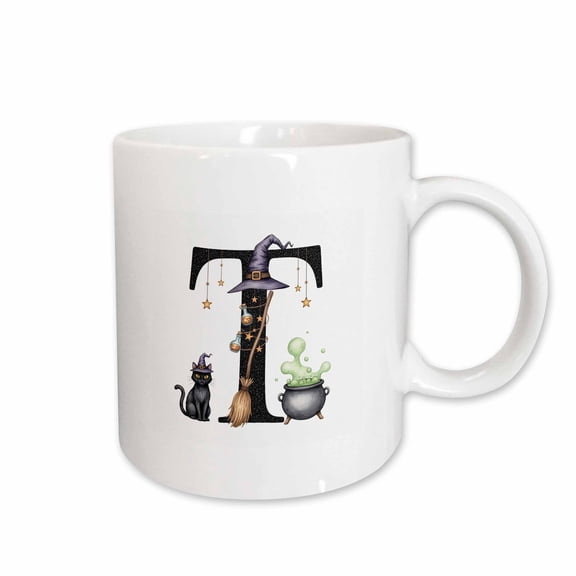 3drose, Gorgeous Letter T. Halloween Monogram, Broom, Wizard Hat, Cat Art, 11oz Mug