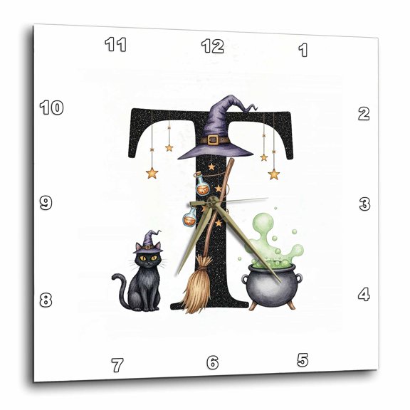 3drose, Gorgeous Letter T. Halloween Monogram, Broom, Wizard Hat, Cat Art, 13x13 Wall Clock