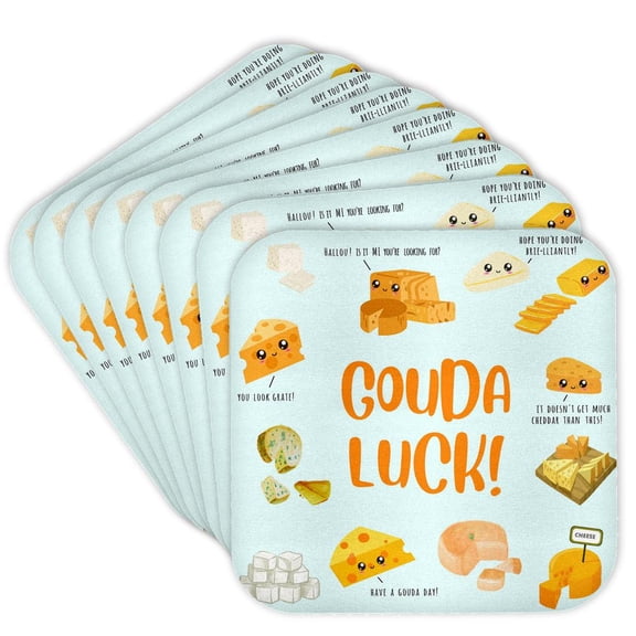 3drose, Gouda Luck - Funny Cheesy Good Luck Cheese Pun Cute Kawaii Happy Face, Set of 8 Coasters - Cork
