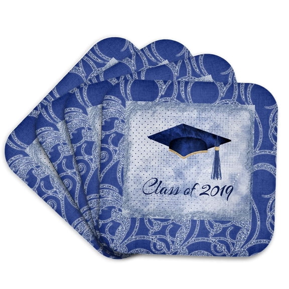 3drose, Graduation Cap, Diploma, Faded Dots, Blue Frame, Jewels, 2019, Blue, Set of 4 Coasters - Soft