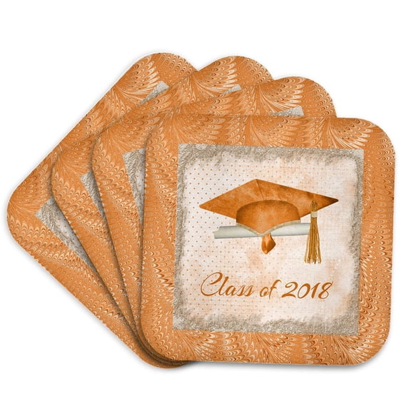 3drose, Graduation Cap, Diploma, Faded Dots, Frame, Feather, 2018, Orange, Set of 4 Coasters - Soft