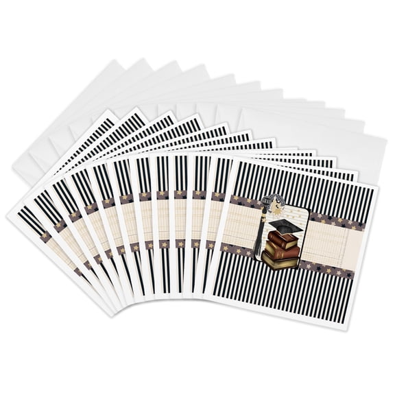 3drose, Graduation Cap on Books, Tassel on Stars, Stripes, Black, Gold, Brown, 12 Greeting Cards with Envelopes