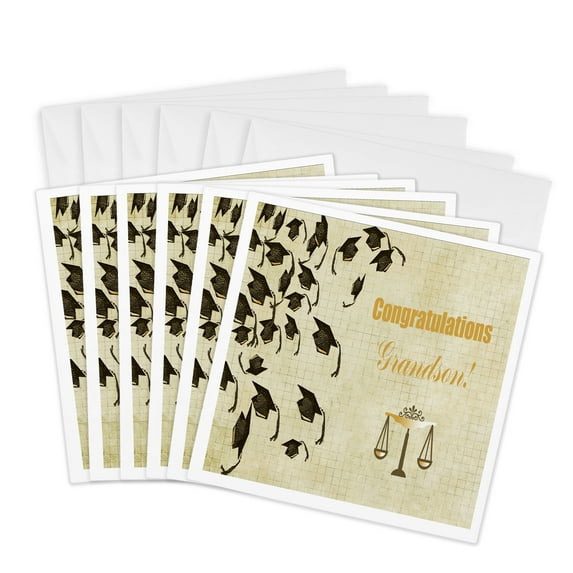 3drose, Graduation Caps Falling, Gold, Brown, Beige, Congratulation Grandson, 6 Greeting Cards with Envelopes