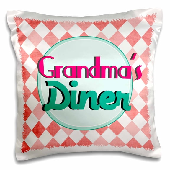 3drose, Grandmas Diner Sign on Retro Coral Red - Hot Pink Turquoise Teal 1950s Style 50s Fifties Grandmother, 16x16 inch Pillow Case