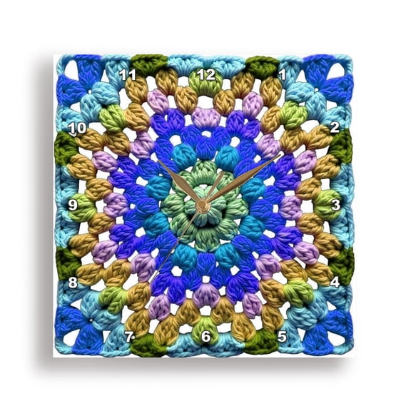 3drose, Granny Square Crochet Pattern Seventies Retro Pattern Blue Green, 13x13 Wall Clock