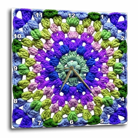 3drose, Granny Square Crochet Pattern Seventies Retro Pattern Blue and Green, 13x13 Wall Clock