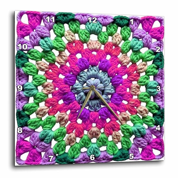 3drose, Granny Square Crochet Pattern Seventies Retro Pattern Green Purple, 10x10 Wall Clock