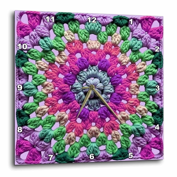 3drose, Granny Square Crochet Pattern Seventies Retro Pattern Purple Green, 13x13 Wall Clock