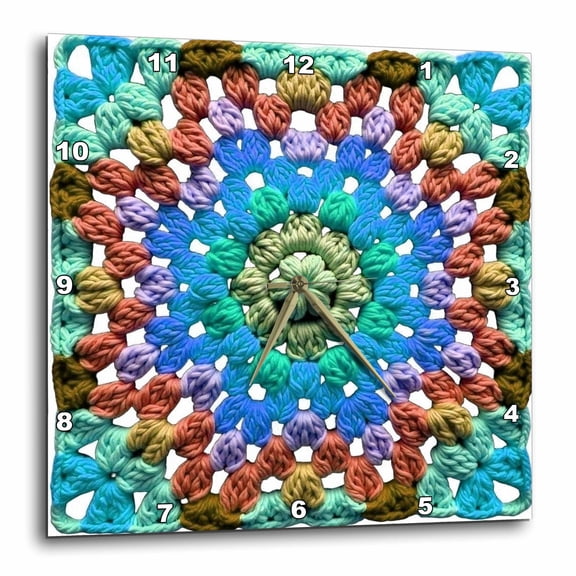 3drose, Granny Square Crochet Pattern Seventies Retro Turquoise Brown, 13x13 Wall Clock