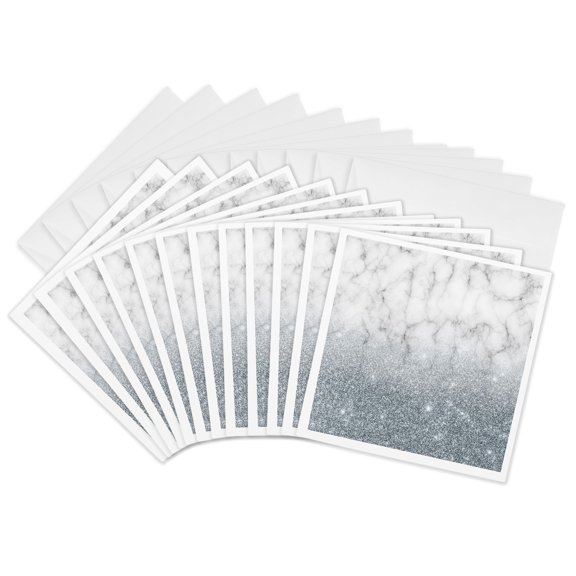 3drose, Gray Faux Digitally Printed Marble and Glitter Design, 12 Greeting Cards with Envelopes