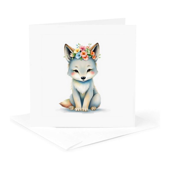 3drose, Gray Wolf Funny Cub Decorated with Flowers. Animals for Kids Gift, 1 Greeting Card with Envelope