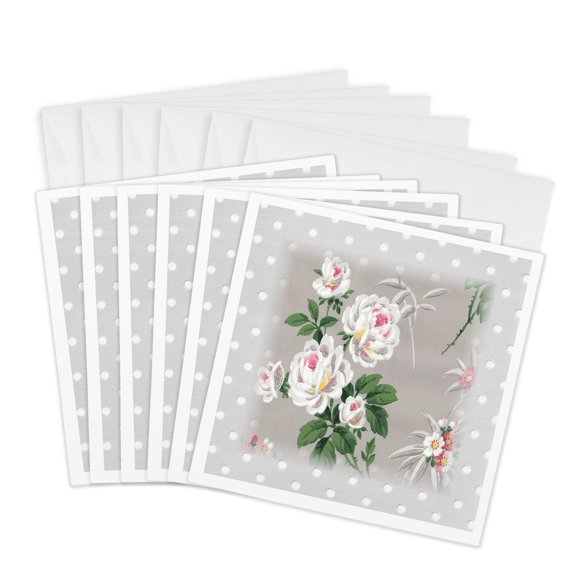 3drose, Gray with White Roses on Gray Polka Dot Pattern, 6 Greeting Cards with Envelopes
