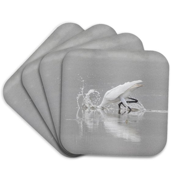 3drose, Great Egret Feeding in Wetland in Fog, Marion County, Illinois, Set of 4 Coasters - Soft