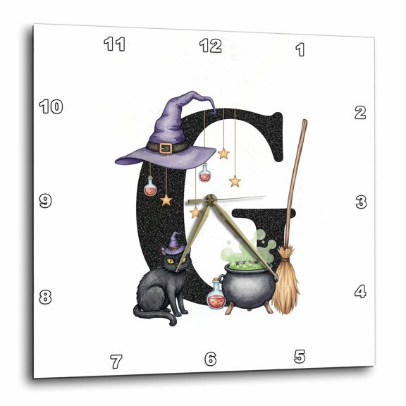 3drose, Great Letter G. Halloween Monogram, Broom, Wizard Hat, Cat Art Gift, 10x10 Wall Clock