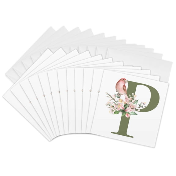 3drose, Green Monogram Initial P Pretty Floral and Bird, 12 Greeting Cards with Envelopes