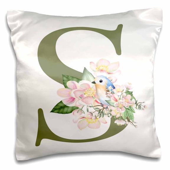3drose, Green Monogram Initial S Pretty Floral and Bird, 16x16 inch Pillow Case