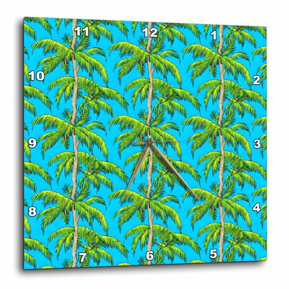 3drose, Green Palm Tree Pattern Against a Blue Background, 15x15 Wall Clock