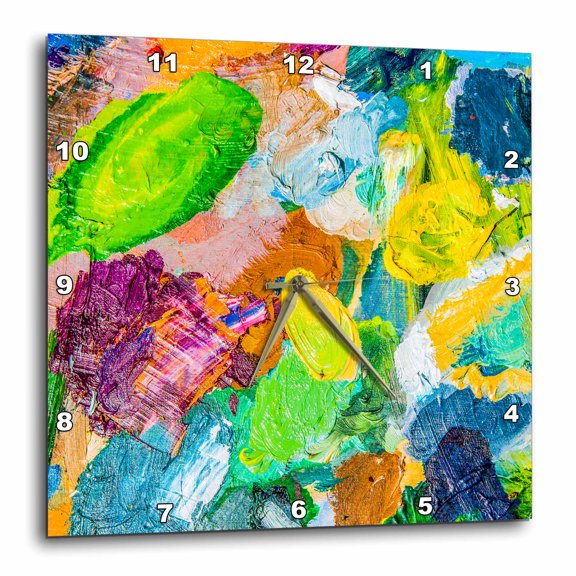3drose, Green, Yellow, Blue and Purple Artistic Palette, 15x15 Wall Clock