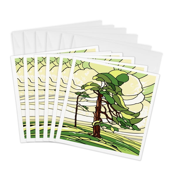 3drose, Green and Yellow Stained Glass Pine Tree Design, 6 Greeting Cards with Envelopes