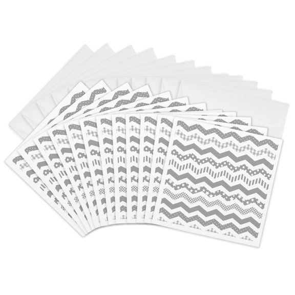 3drose, Grey Chevron Zigzag Pattern with a Twist - Cute Patterned Zig Zags, 12 Greeting Cards with Envelopes