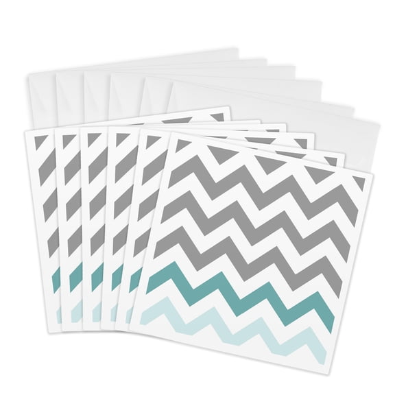 3drose, Grey Chevron with Mint Turquoise Zig Zag Accent Gray Zigzag Pattern, 6 Greeting Cards with Envelopes