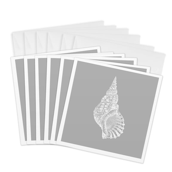 3drose, Grey Conical Seashell Print White Beach Sea Shell Spiral Illustration, 6 Greeting Cards with Envelopes