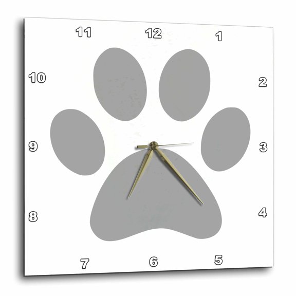 3drose, Grey Paw Print on White - Gray Animal Pawprint - Cute Cartoon Animal Footprint - Dog Cat Foot Print, 10x10 Wall Clock