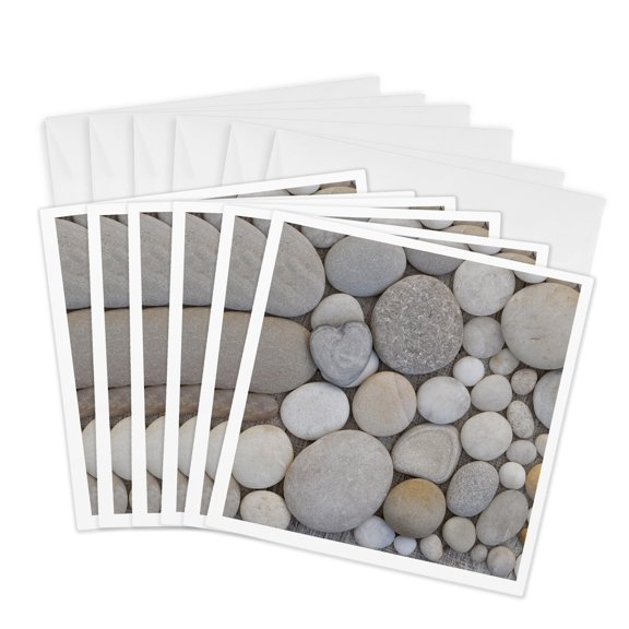 3drose, Grey Pebble with One Heart Shaped Stone, 6 Greeting Cards with Envelopes