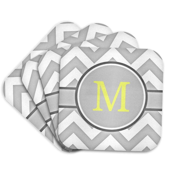 3drose, Grey and White Chevron with Yellow Monogram Initial M, Set of 4 Coasters - Cork