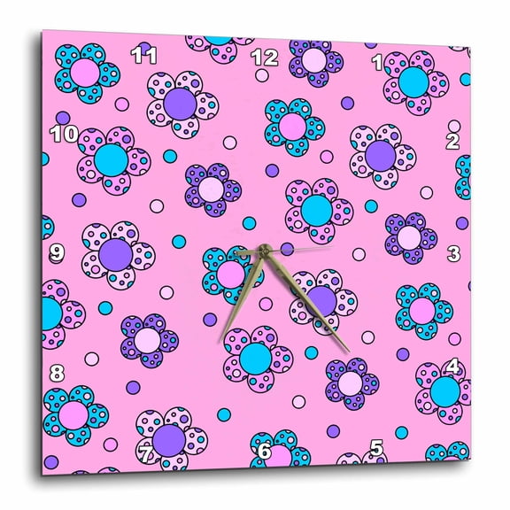 3drose, Groovy Flower Retro 70s Print Design Purple Blue Pink, 10x10 Wall Clock