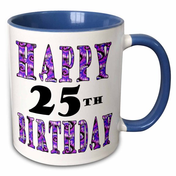 3drose, Groovy Purple Tye Dye Happy 25th Birthday, 11oz Two-tone Blue Mug