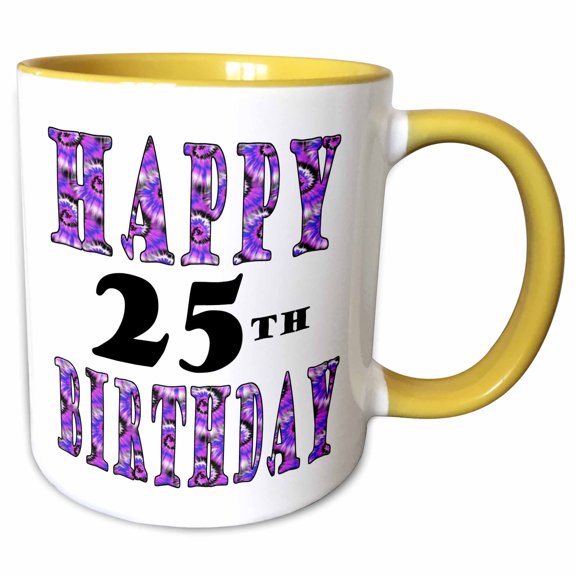 3drose, Groovy Purple Tye Dye Happy 25th Birthday, 11oz Two-tone Yellow Mug