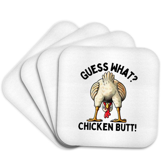 3drose, Guess What, Chicken Butt Text and a Funny Hen, Sarcastic Artsy Gift, Set of 4 Coasters - Soft