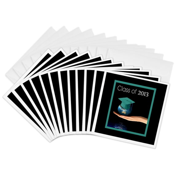 3drose, Hand Holding Earth with Graduation Cap, Class of 2013, Green, 12 Greeting Cards with Envelopes