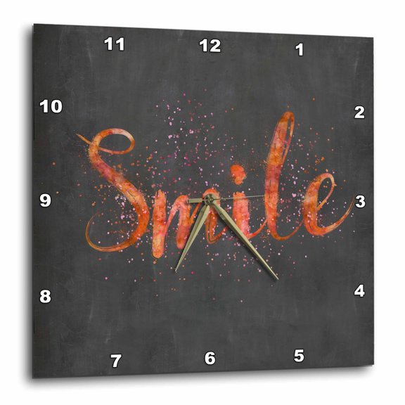 3drose, Hand Lettered Orange Word Smile with Paint Splatter on Chalkboard, 13x13 Wall Clock