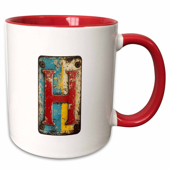 3drose, Handsome Letter H. Grunge Metal Monogram, Industrial Style Art Gift, 11oz Two-tone Red Mug