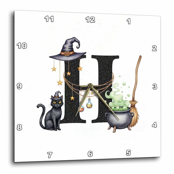 3drose, Handsome Letter H. Halloween Monogram, Broom, Wizard Hat, Cat Art, 10x10 Wall Clock