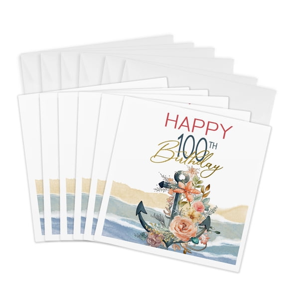 3drose, Happy 100th Birthday Floral Nautical Anchor, 6 Greeting Cards with Envelopes