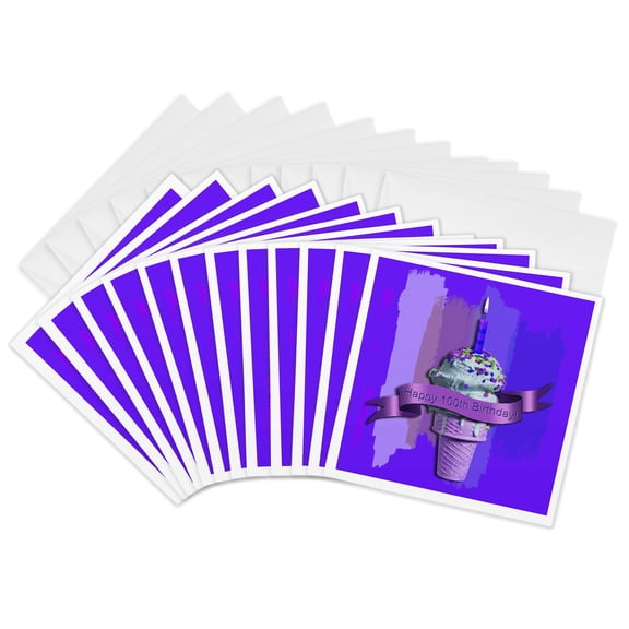 3drose, Happy 100th Birthday, Ice Cream Cone on Abstract, Purple, 12 Greeting Cards with Envelopes
