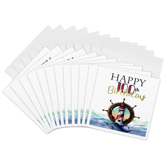 3drose, Happy 100th Birthday Lighthouse Sailing Wheel Nautical Scene, 12 Greeting Cards with Envelopes