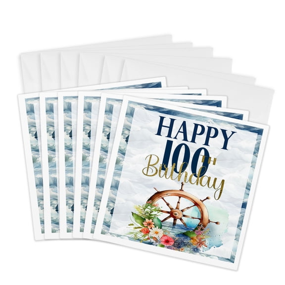 3drose, Happy 100th Birthday Pretty Nautical Floral Sailing Wheel, 6 Greeting Cards with Envelopes