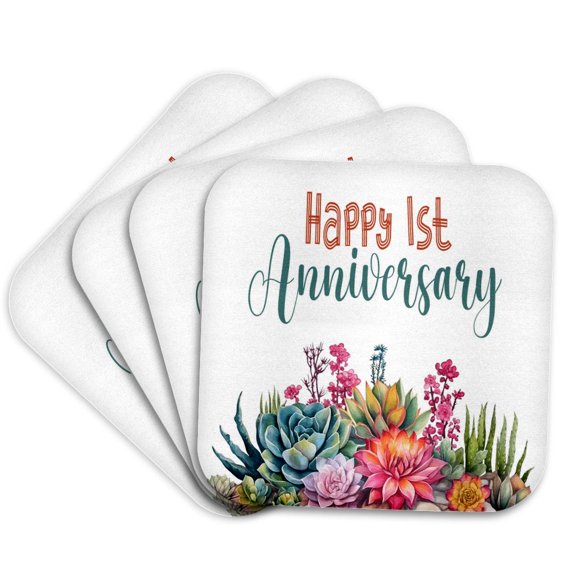 3drose, Happy 1st Anniversary Floral Cactus, Set of 4 Coasters - Soft