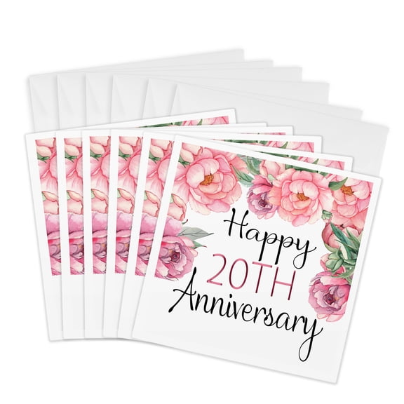 3drose, Happy 20th Anniversary Pretty Pink Peony Floral, 6 Greeting Cards with Envelopes