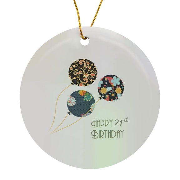 3drose, Happy 21st Birthday - Modern Stylish Floral Balloons. Elegant Black Brown Blue 21 Year Old Bday, Circle Porcelain Ornament