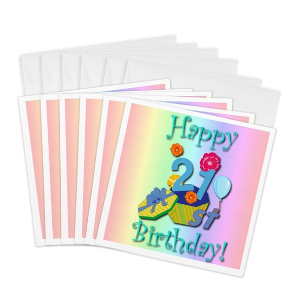 3drose, Happy 21st Birthday with Rainbow Background, 6 Greeting Cards with Envelopes