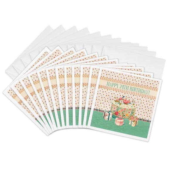 3drose, Happy 24th Birthday, Bird in Flower Garden Cake, Gifts, Pastels, 12 Greeting Cards with Envelopes