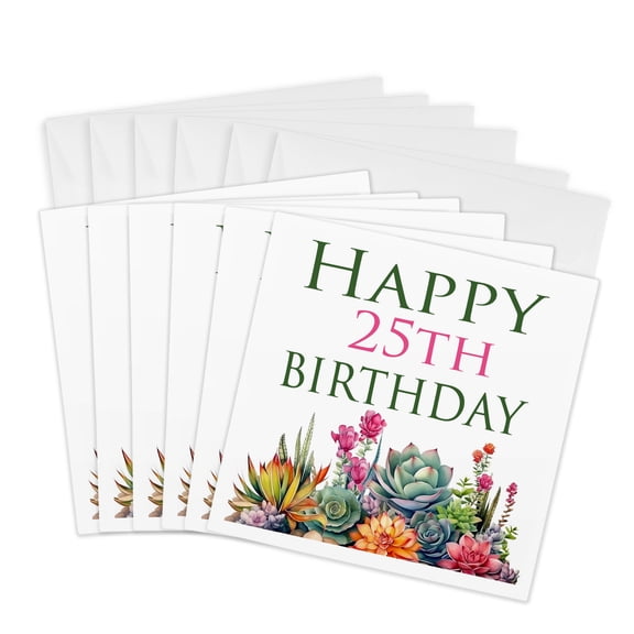 3drose, Happy 25th Birthday Pretty Cactus Succulents, 6 Greeting Cards with Envelopes