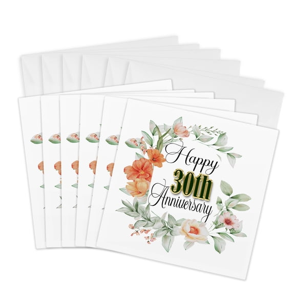 3drose, Happy 30th Anniversary Pretty Orange Flowers and Leaves, 6 Greeting Cards with Envelopes