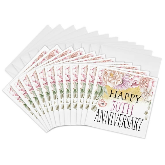 3drose, Happy 30th Anniversary Pretty Pink and Beige Floral, 12 Greeting Cards with Envelopes