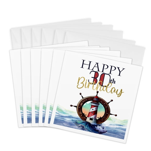 3drose, Happy 30th Birthday Lighthouse Sailing Wheel Nautical Scene, 6 Greeting Cards with Envelopes